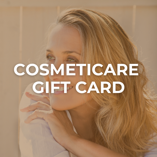 Woman with blonde hair with the words Cosmeticare Gift Card over her face